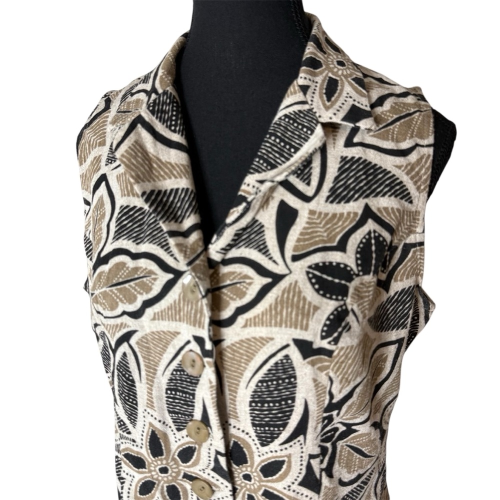 TYPHANY Vintage Floral Sleeveless Button Down Blouse Vest Tan Black Size 11